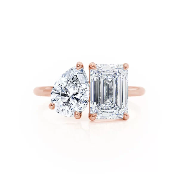 COMET Toi Et Moi Lab Diamond Emerald & Pear Cut Ring 18k Rose Gold - Image 2