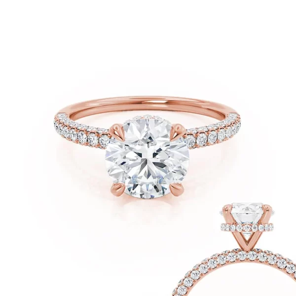 COCO Round Lab Diamond 18k Rose Gold Petite Hidden Halo Triple Pavé Shoulder Set Ring