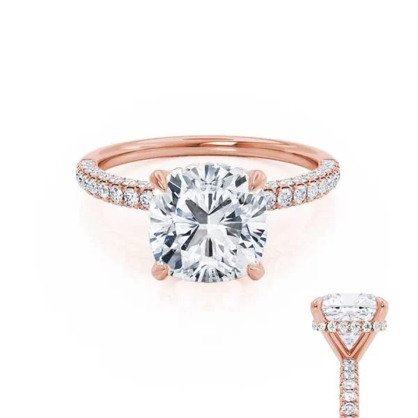 COCO Cushion Cut Lab Diamond 18k Rose Gold Petite Hidden Halo Triple Pavé