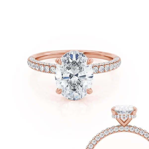 COCO Oval Lab Diamond 18k Rose Gold Petite Hidden Halo Triple Pavé Shoulder Set