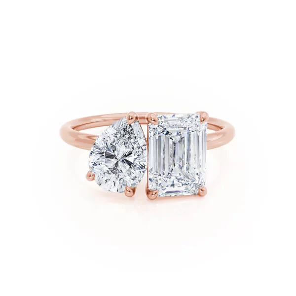 COMET Toi Et Moi Lab Diamond Emerald & Pear Cut Ring 18k Rose Gold