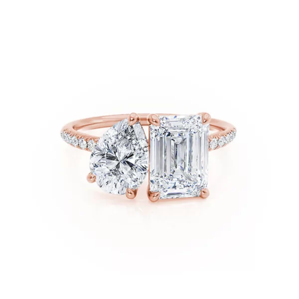 CELESTE Toi et Moi Lab Diamond Emerald & Pear Diamond Band Ring 18k Rose Gold