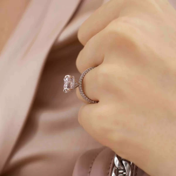 COCO Oval Lab Diamond 18k White Gold Petite Hidden Halo Triple Pavé Shoulder Set - Image 7
