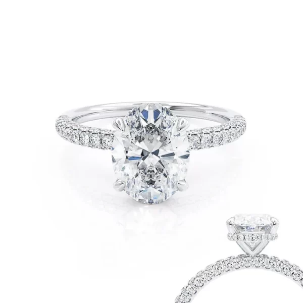 COCO Oval Lab Diamond 18k White Gold Petite Hidden Halo Triple Pavé Shoulder Set