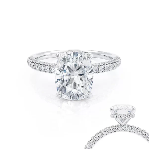 COCO Elongated Cushion Cut Lab Diamond 18k White Gold Petite Hidden Halo Triple Pavé