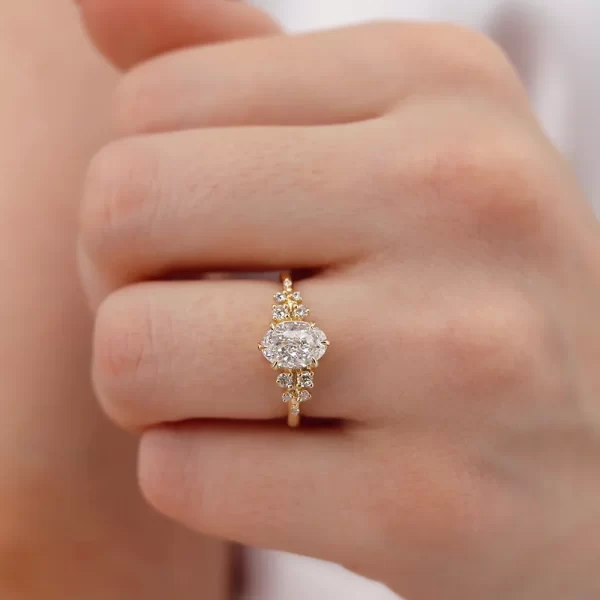 ALYA Oval Lab Diamond Starburst Cluster Shoulder Set Engagement Ring 18k Yellow Gold - Image 5