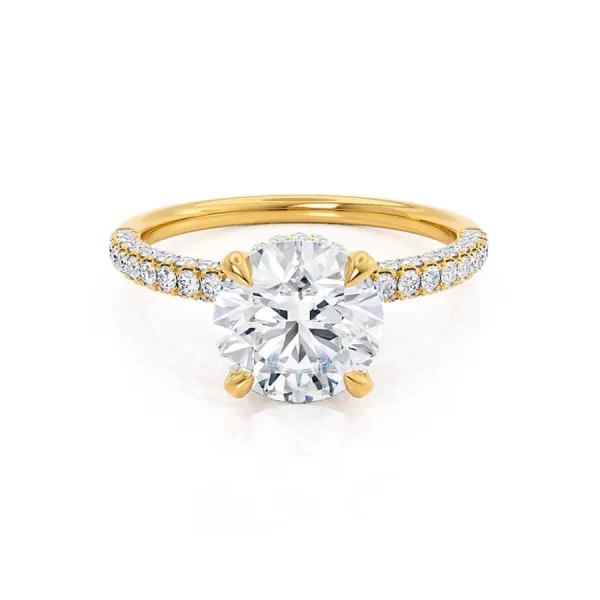 COCO Round Lab Diamond 18k Yellow Gold Petite Hidden Halo Triple Pavé Shoulder Set Ring - Image 5