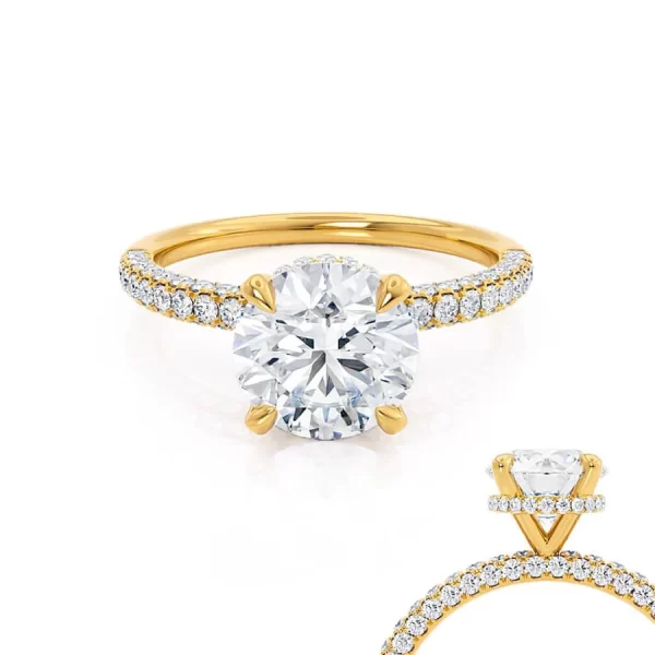 COCO Round Lab Diamond 18k Yellow Gold Petite Hidden Halo Triple Pavé Shoulder Set Ring