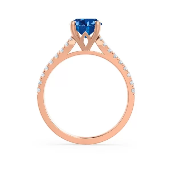 VIOLA Chatham® Blue Sapphire Oval & Diamond 18k Rose Gold Shoulder Set Ring - Image 2