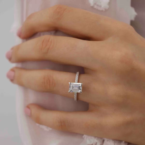 COCO Emerald Moissanite & Diamond 18k Rose Gold Petite Hidden Halo Triple Pavé Ring - Image 7