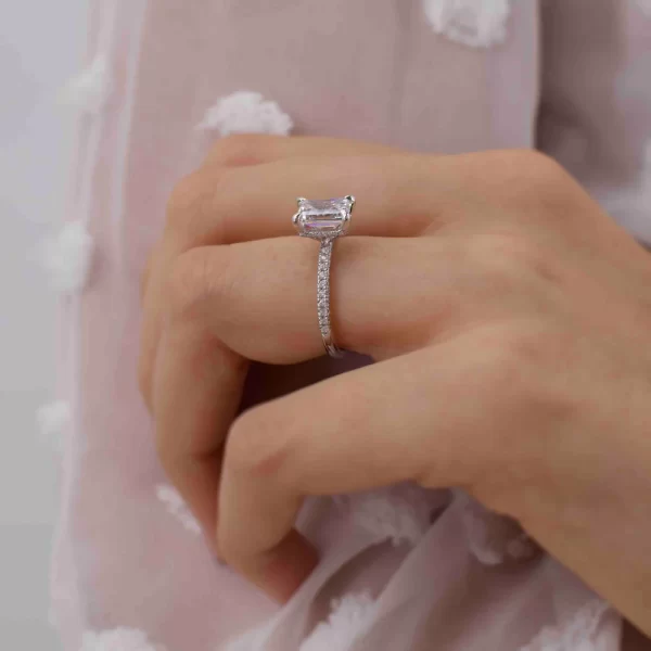 COCO Emerald Moissanite & Diamond 18k Rose Gold Petite Hidden Halo Triple Pavé Ring - Image 6