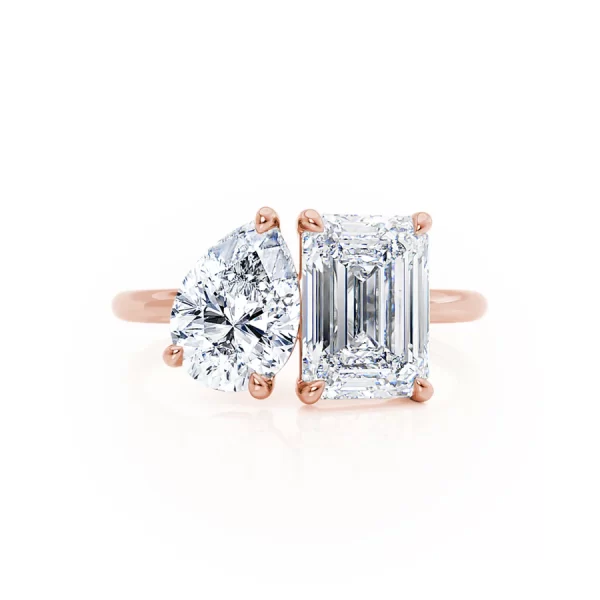 COMET Toi Et Moi Moissanite Emerald & Pear Cut Ring 18k Rose Gold - Image 4