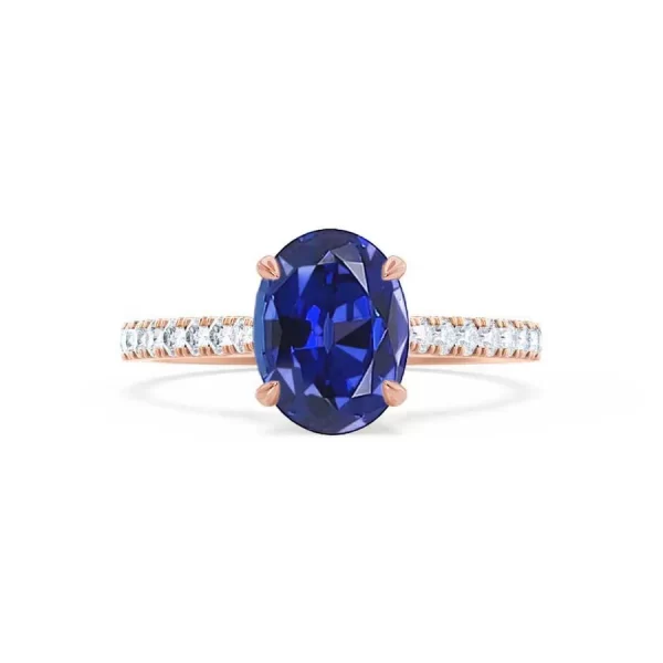 VIOLA Chatham® Blue Sapphire Oval & Diamond 18k Rose Gold Shoulder Set Ring - Image 4