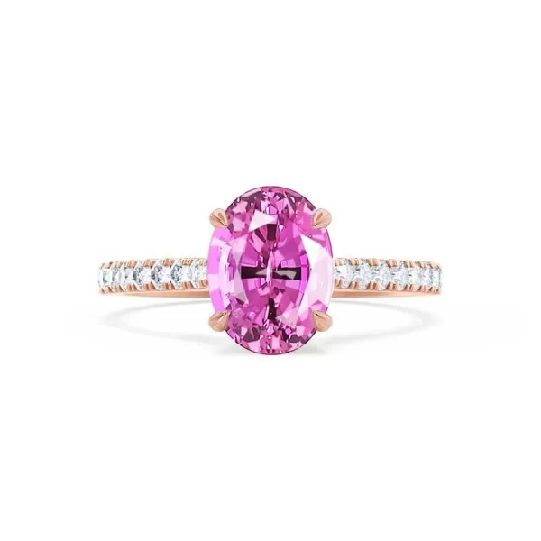 VIOLA Chatham® Pink Sapphire Oval & Diamond 18k Rose Gold Shoulder Set Ring - Image 4