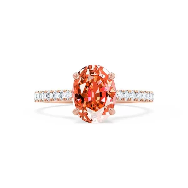 VIOLA Chatham® Padparadscha Oval & Diamond 18k Rose Gold Shoulder Set Ring - Image 4