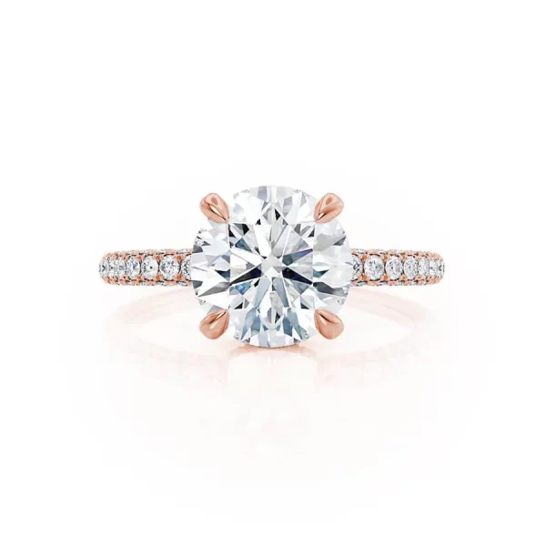 COCO Round Moissanite & Diamond 18k Rose Gold Petite Hidden Halo Triple Pavé Shoulder Set Ring - Image 3