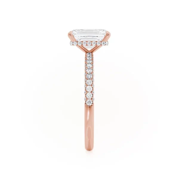 COCO Emerald Moissanite & Diamond 18k Rose Gold Petite Hidden Halo Triple Pavé Ring - Image 3