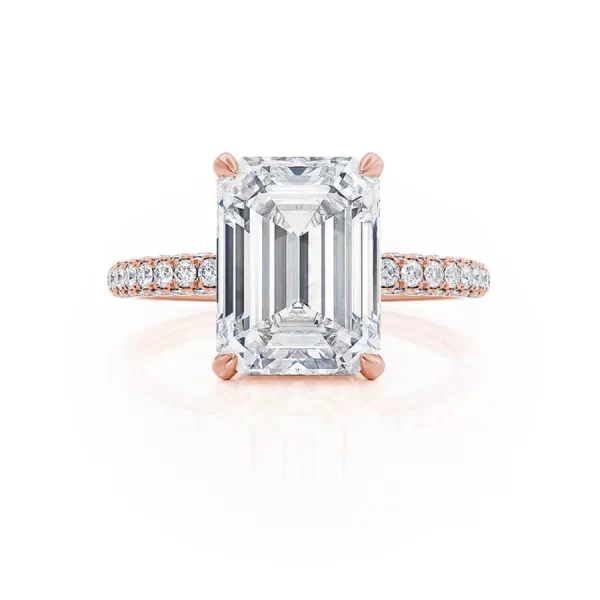 COCO Emerald Moissanite & Diamond 18k Rose Gold Petite Hidden Halo Triple Pavé Ring - Image 4