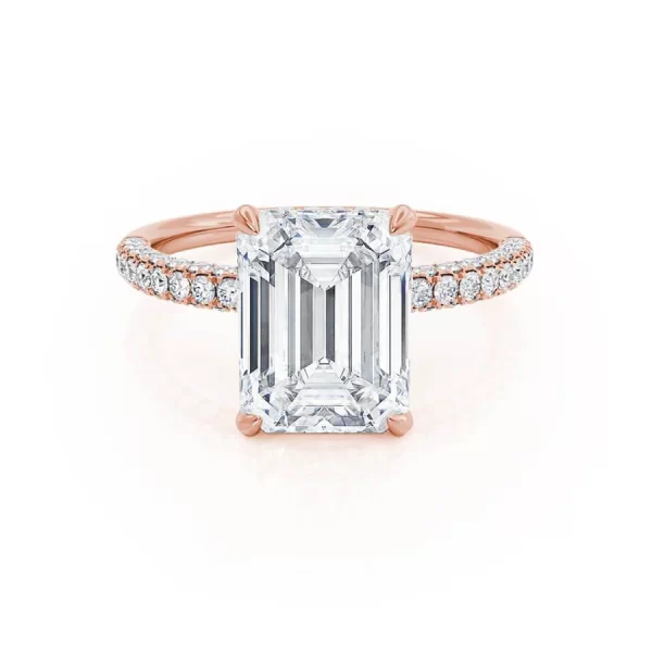 COCO Emerald Moissanite & Diamond 18k Rose Gold Petite Hidden Halo Triple Pavé Ring - Image 5