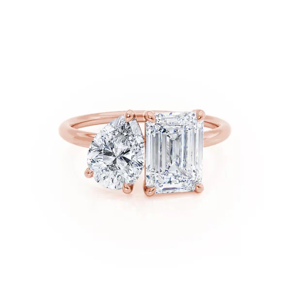 COMET Toi Et Moi Moissanite Emerald & Pear Cut Ring 18k Rose Gold