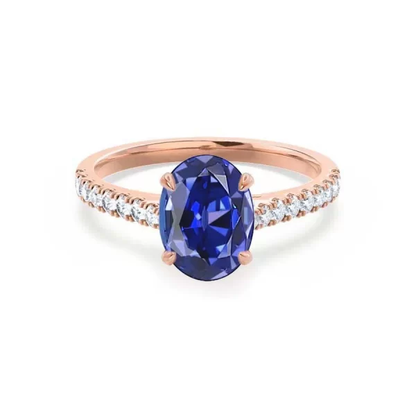 VIOLA Chatham® Blue Sapphire Oval & Diamond 18k Rose Gold Shoulder Set Ring