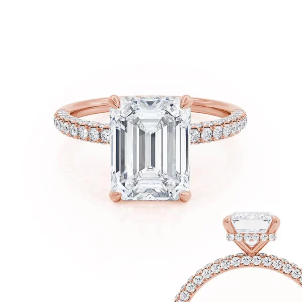 COCO Emerald Moissanite & Diamond 18k Rose Gold Petite Hidden Halo Triple Pavé Ring