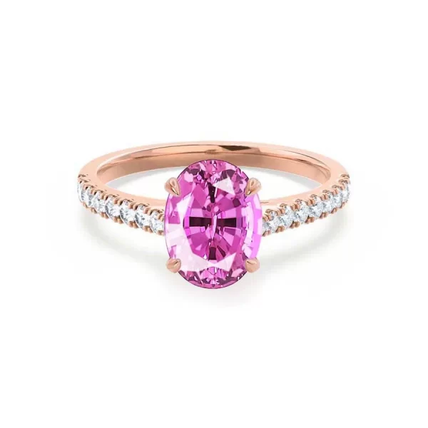 VIOLA Chatham® Pink Sapphire Oval & Diamond 18k Rose Gold Shoulder Set Ring