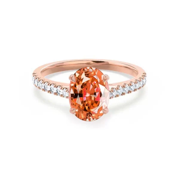 VIOLA Chatham® Padparadscha Oval & Diamond 18k Rose Gold Shoulder Set Ring