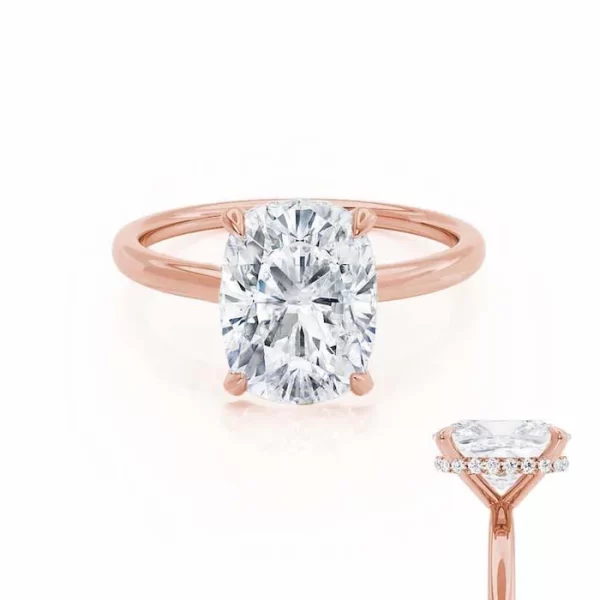 PARIS Elongated Cushion Moissanite & Diamond 18k Rose Gold Hidden Halo