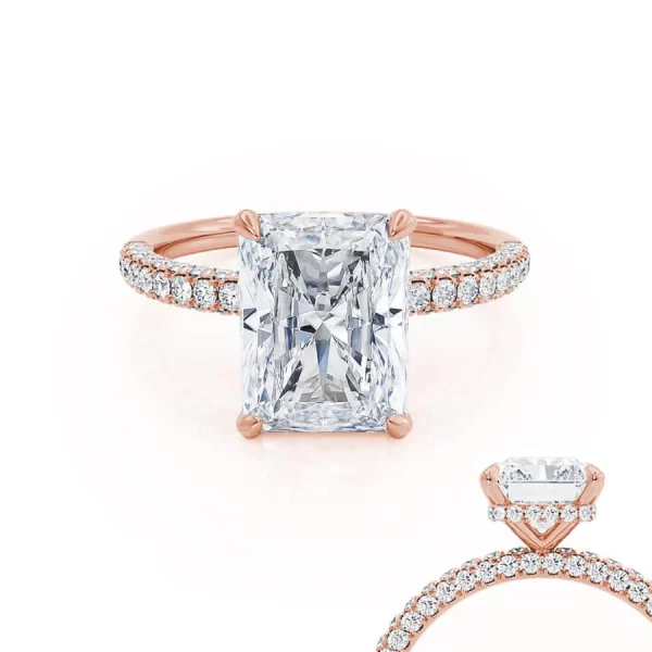 COCO Radiant Moissanite & Diamond 18k Rose Gold Petite Hidden Halo Triple Pavé Shoulder Set Ring