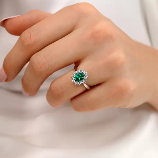 DIANA Chatham® Emerald & Lab Diamond 18k White Gold Halo - Image 5