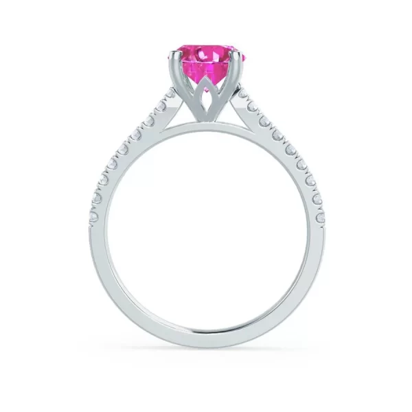 VIOLA Chatham® Pink Sapphire Oval & Diamond 18k White Gold Shoulder Set Ring - Image 2