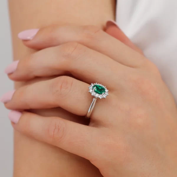 DIANA Chatham® Emerald & Lab Diamond 18k White Gold Halo - Image 4