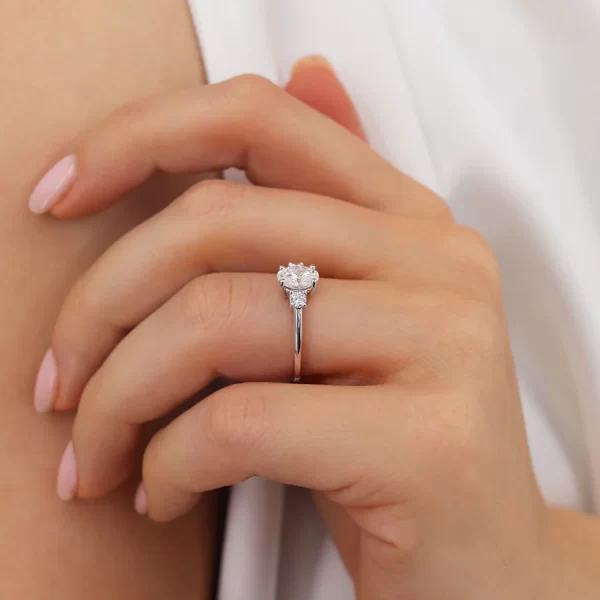 LOUELLA Moissanite Oval Petite Trilogy Engagement Ring 18k White Gold - Image 5