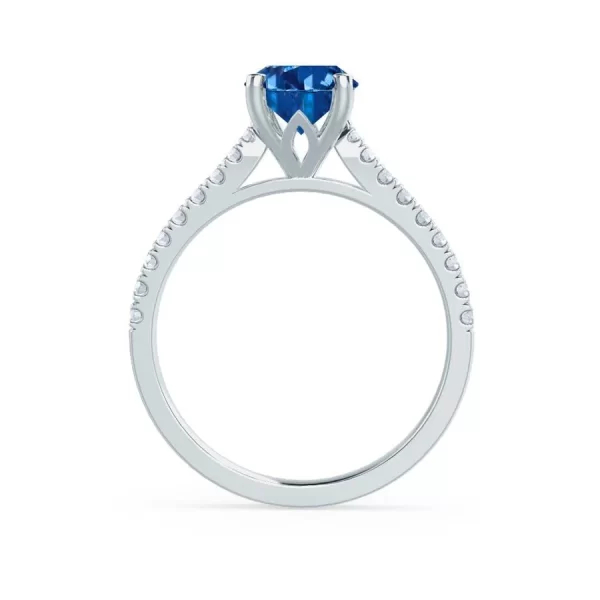 VIOLA Chatham® Blue Sapphire Oval & Diamond 18k White Gold Shoulder Set Ring - Image 2