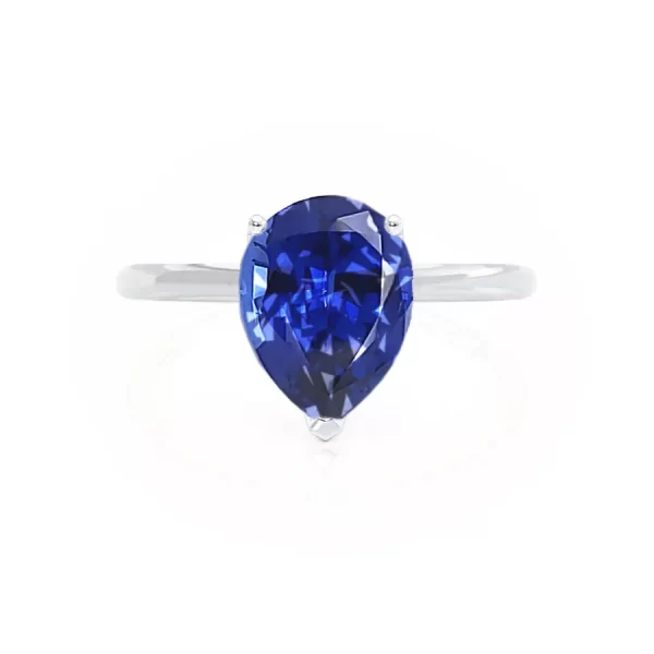 LULU Chatham® Pear Blue Sapphire 18k White Gold Petite Solitaire Ring - Image 2