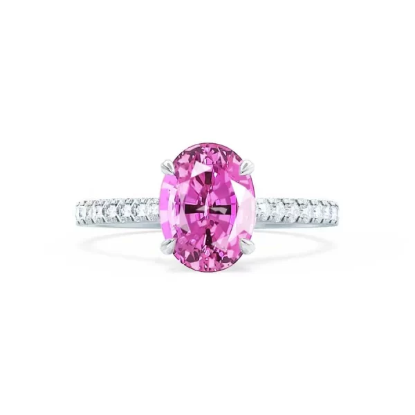 VIOLA Chatham® Pink Sapphire Oval & Diamond 18k White Gold Shoulder Set Ring - Image 4