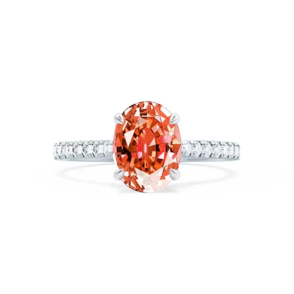 VIOLA Chatham® Padparadscha Oval & Diamond 18k White Gold Shoulder Set Ring - Image 3