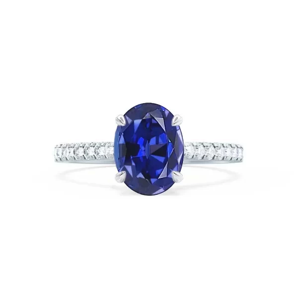 VIOLA Chatham® Blue Sapphire Oval & Diamond 18k White Gold Shoulder Set Ring - Image 4