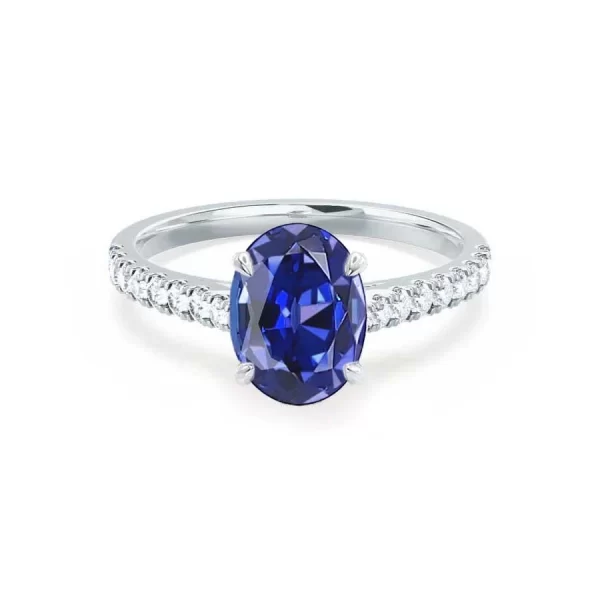 VIOLA Chatham® Blue Sapphire Oval & Diamond 18k White Gold Shoulder Set Ring