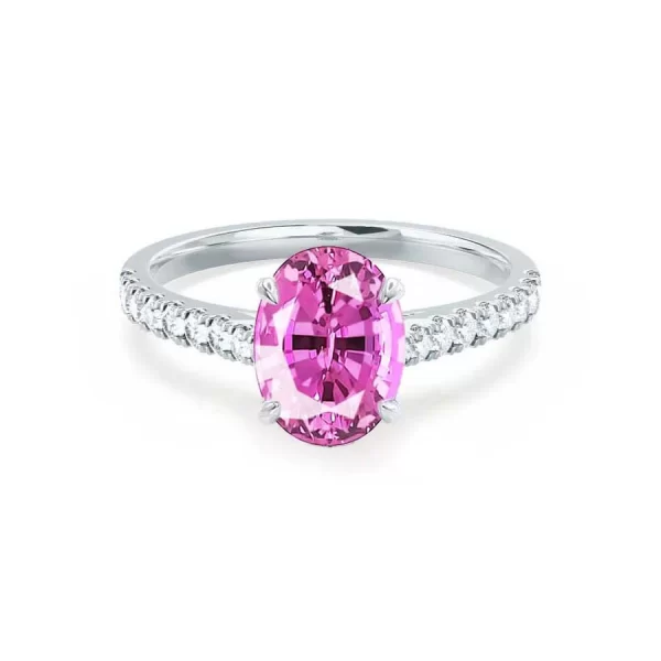 VIOLA Chatham® Pink Sapphire Oval & Diamond 18k White Gold Shoulder Set Ring