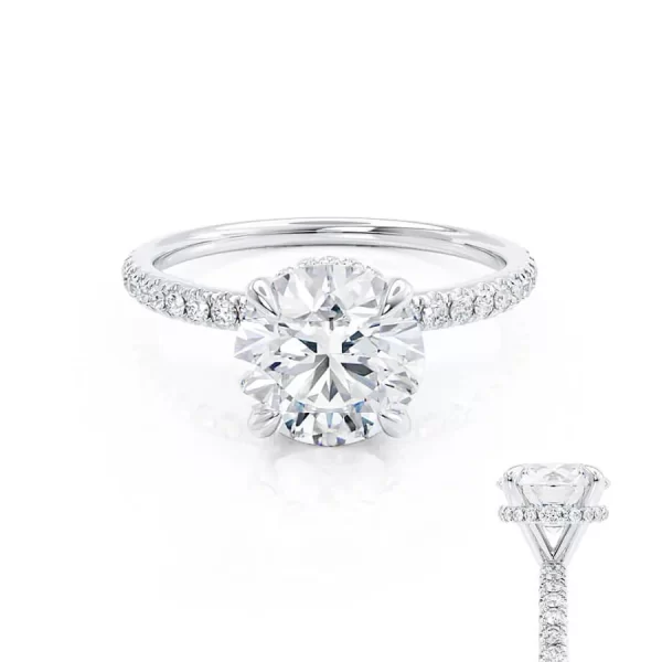 LIVELY Round Moissanite & Diamond 18k White Gold Petite Hidden Halo Pavé Shoulder Set Ring