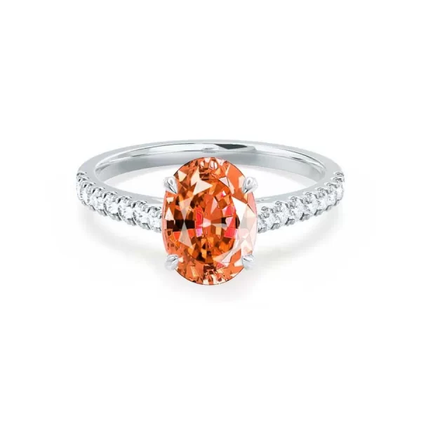 VIOLA Chatham® Padparadscha Oval & Diamond 18k White Gold Shoulder Set Ring