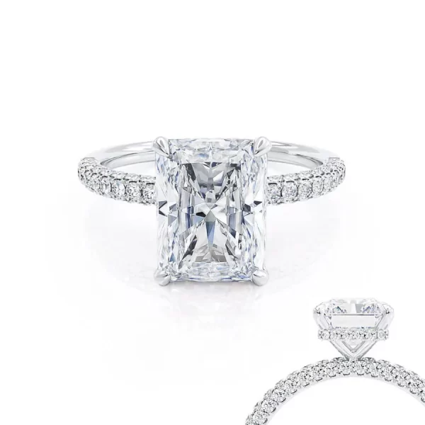 COCO Radiant Moissanite & Diamond 18k White Gold Petite Hidden Halo Triple Pavé Shoulder Set Ring