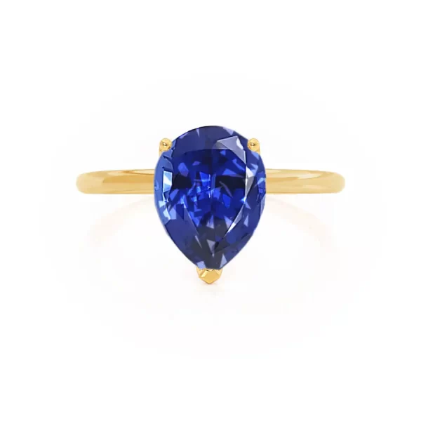 LULU Chatham® Pear Blue Sapphire 18k Yellow Gold Petite Solitaire Ring - Image 2