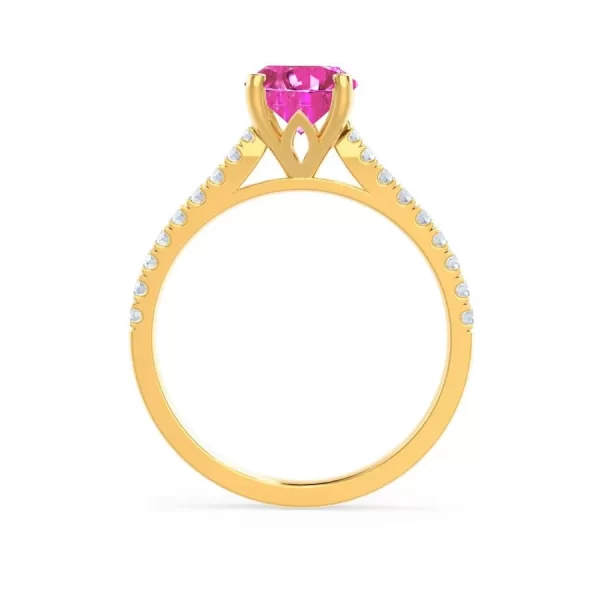 VIOLA Chatham® Pink Sapphire Oval & Diamond 18k Yellow Gold Shoulder Set Ring - Image 2