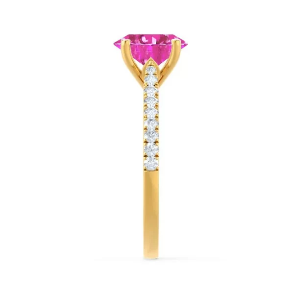 VIOLA Chatham® Pink Sapphire Oval & Diamond 18k Yellow Gold Shoulder Set Ring - Image 3