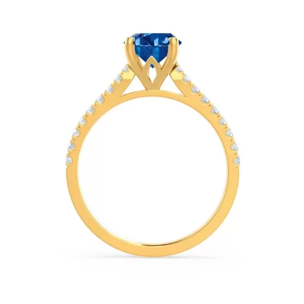 VIOLA Chatham® Blue Sapphire Oval & Diamond 18k Yellow Gold Shoulder Set Ring - Image 2