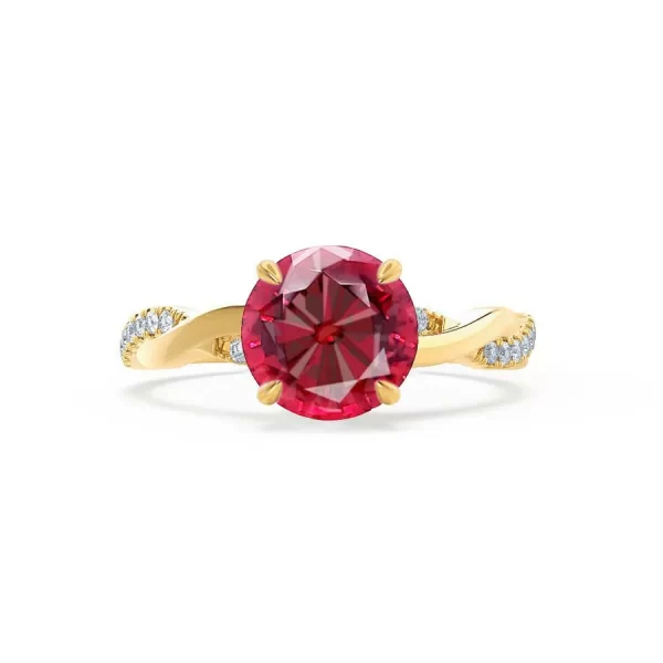 EDEN Chatham® Round Ruby & Diamond 18k Yellow Gold Vine Ring - Image 4