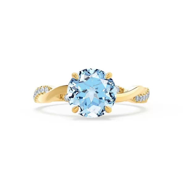 EDEN Chatham® Round Aqua Spinel & Diamond 18k Yellow Gold Vine Ring - Image 4